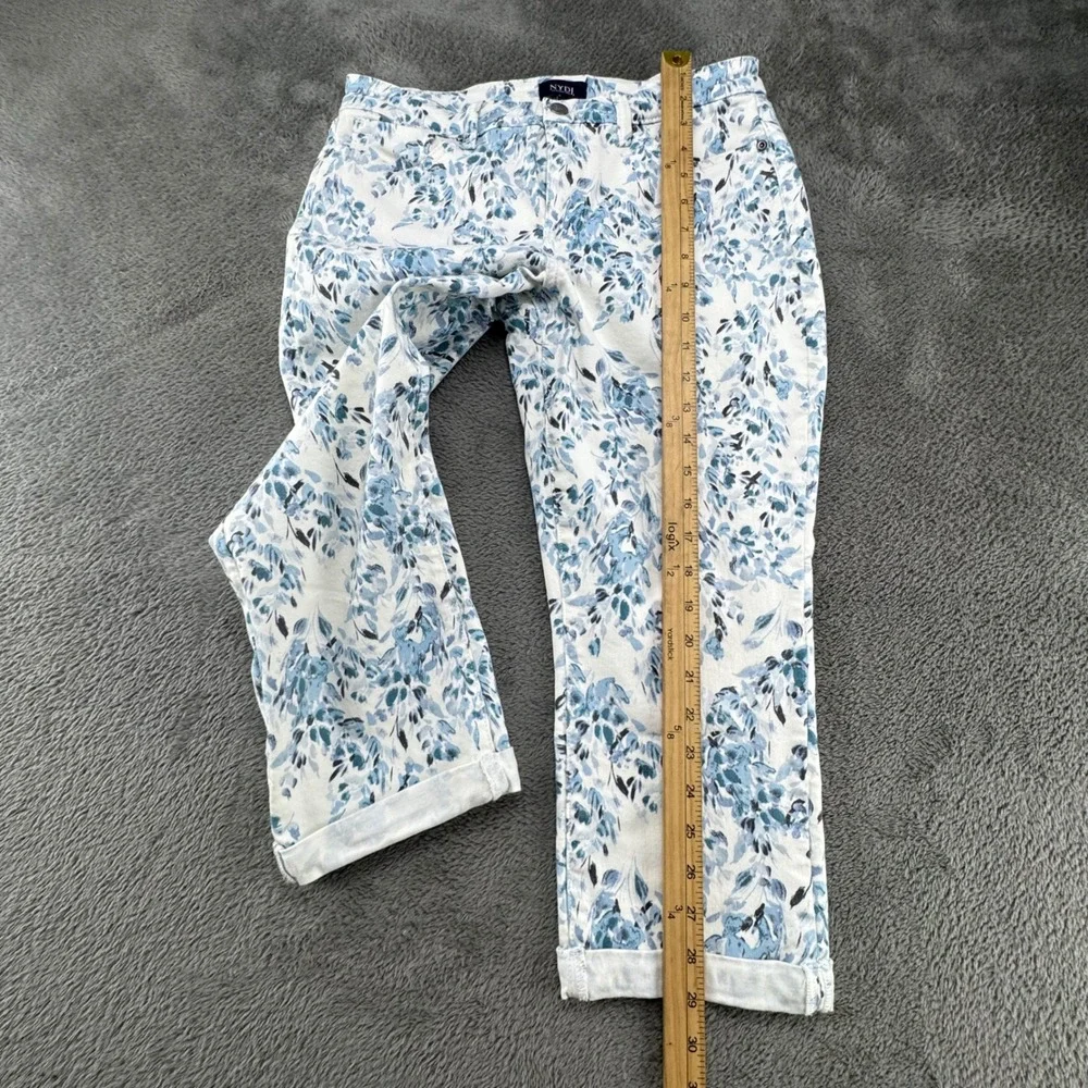 NYDJ Petite Floral Print Cropped Pants Size 8P‎ White Blue Slim Leg